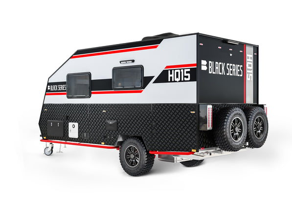 Black Series HQ15 camper trailer interior — kitchen and living area