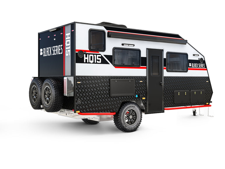 Black Series HQ15 bathroom — full wet bath in overlanding trailer