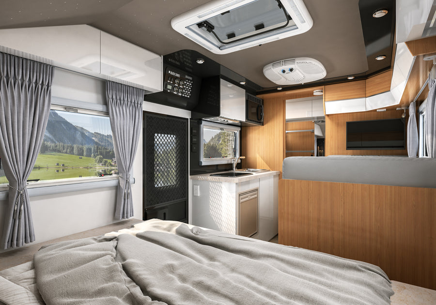 HQ15 bedroom, kitchen, screen door and lounge in one view