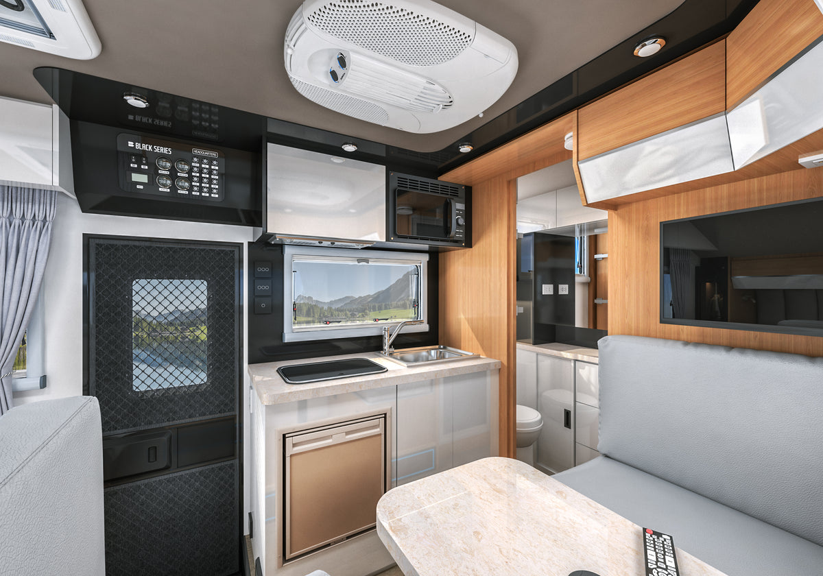 HQ15 indoor kitchen, control panel, fridge and seating