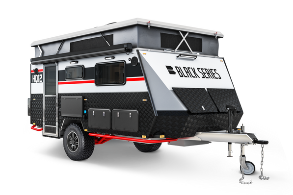 Black Series HQ12 camper trailer front view — rugged off-road design