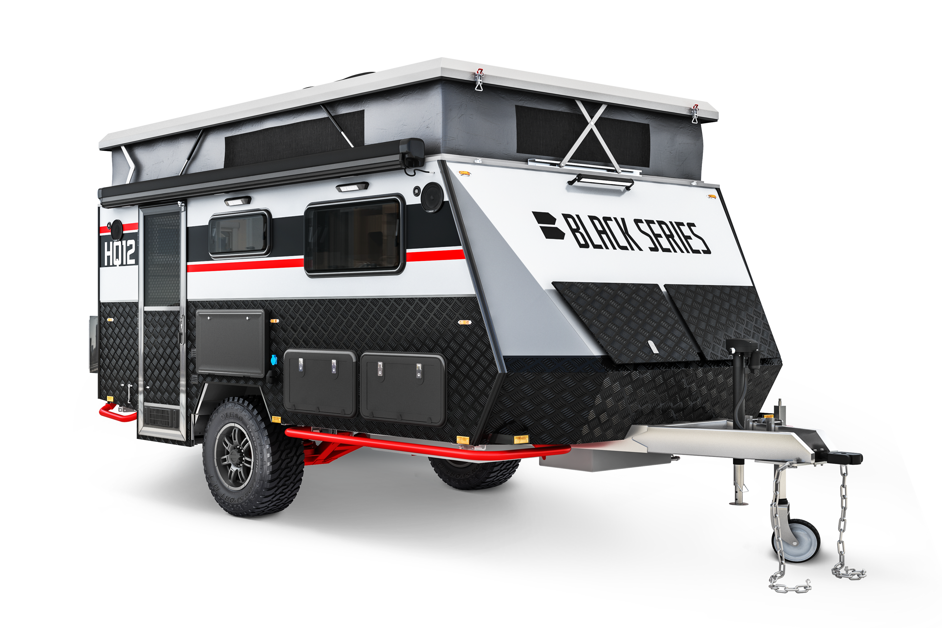Black Series HQ12 camper trailer front view — rugged off-road design