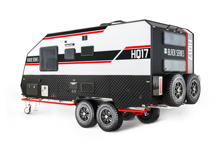 Black Series HQ17 camper exterior side view — family travel trailer