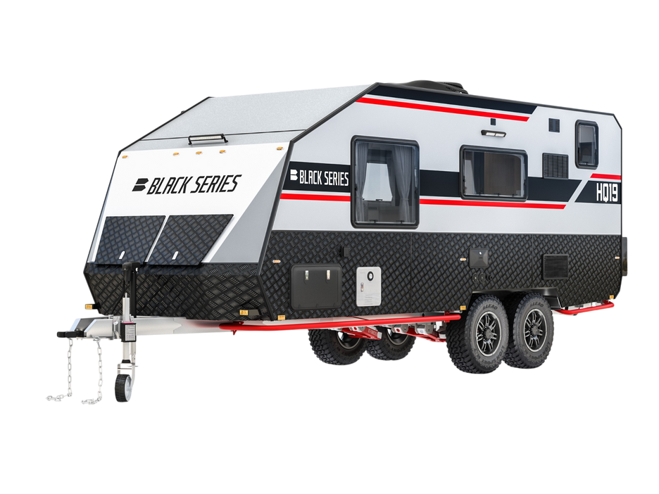 Black Series HQ19 luxury off-road travel trailer — sleeps 3, king bed, 64-gallon water tank