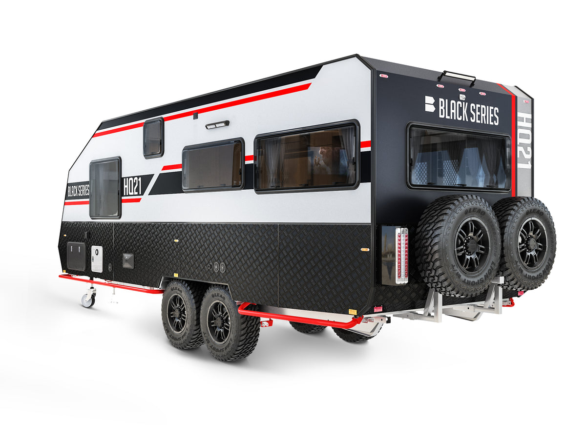 Black Series HQ21 exterior front view — up to 1,200W solar off-grid camper